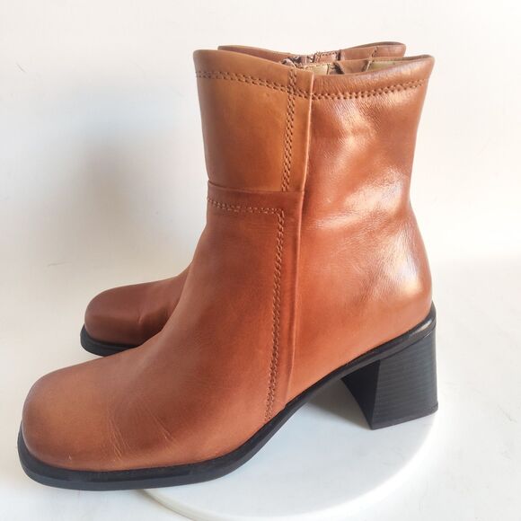 Bass Boots Size 8 90s Y2K Leather Camel Tan Square Toe Mid-Calf Vintage Womens - Picture 5 of 12